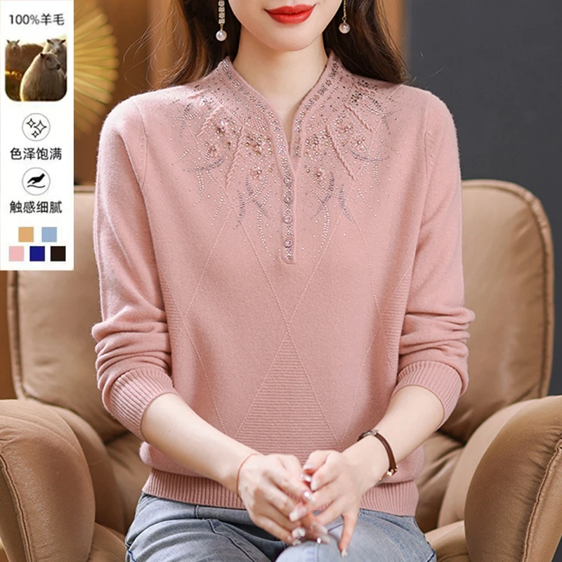100%纯羊毛衫女中年妈妈上衣时尚百搭针织打底衫秋冬新款女装洋气