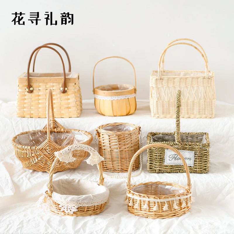 【花寻礼韵】手提花篮藤编编草编手工编织插花鲜花干花花童婚礼婚庆