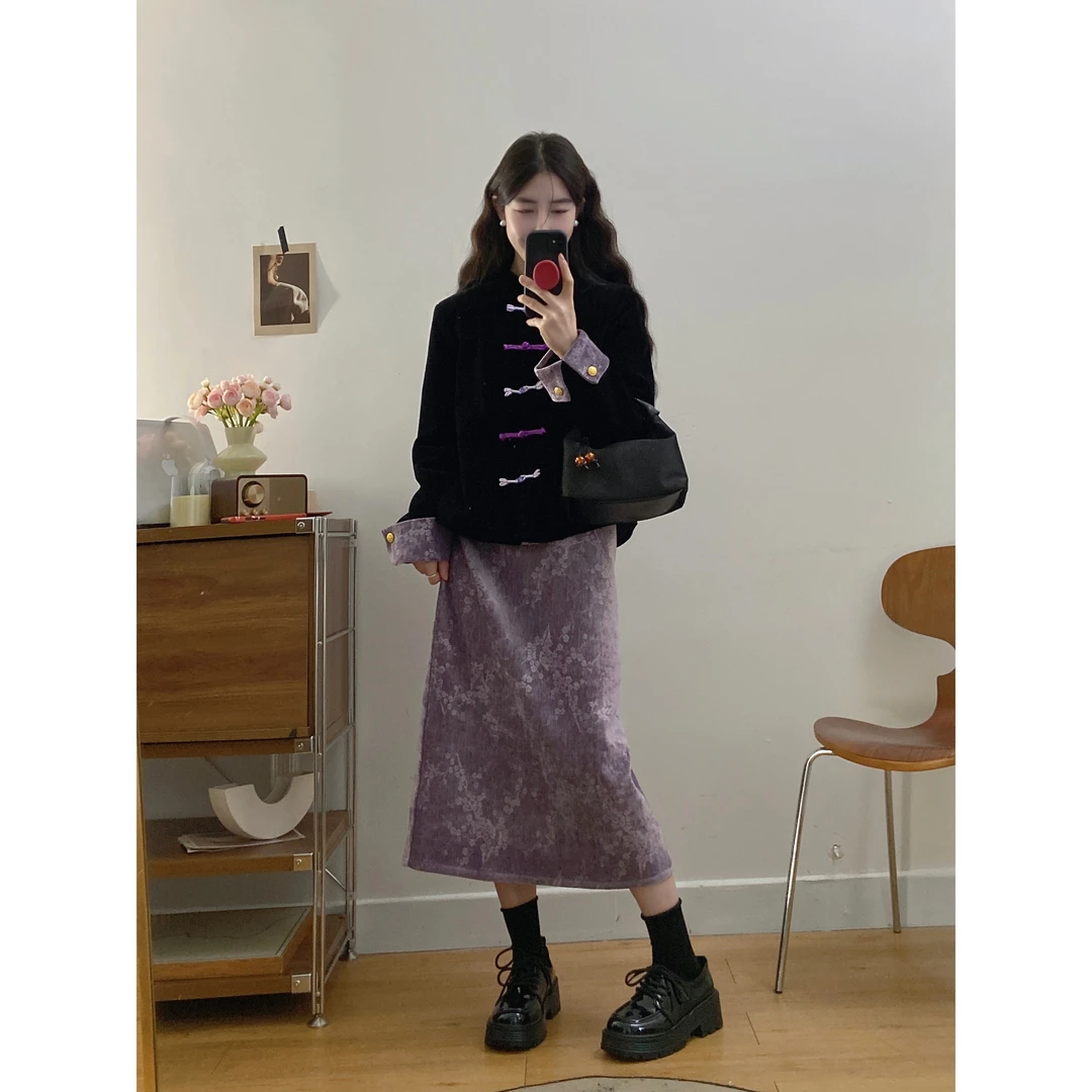 大码女装秋冬新款国风新中式上衣+紫色长半裙两件套