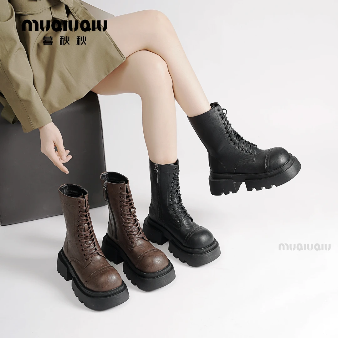 暮秋秋品牌--美拉德风厚底马丁靴女2024秋新款英伦风百搭复古短靴