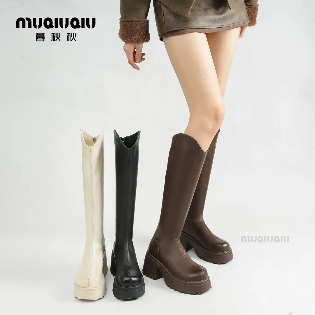暮秋秋小个子圆头长筒靴女2024秋冬季新款厚底不过膝英伦风骑士靴