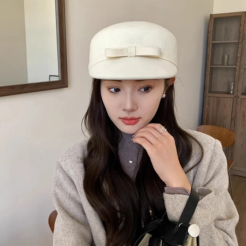 千金小香风甜美蝴蝶结羊毛鸭舌帽子女毡帽高端贝雷帽洋气法式礼帽