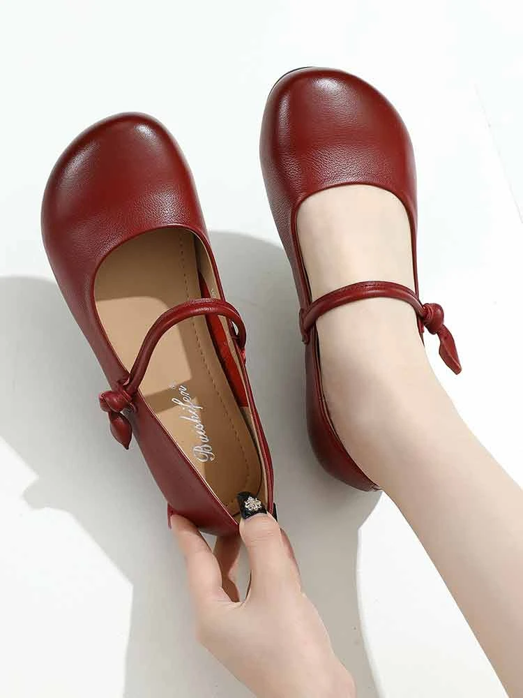 头层牛皮浅口玛丽珍女鞋2025夏季新款平底宽头舒适复古软底妈妈鞋