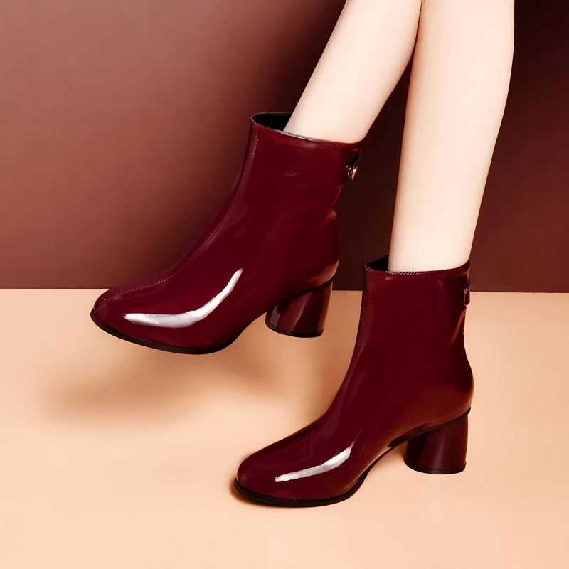 2025秋款真皮靴子女中粗跟短靴女秋冬棉靴百搭粗跟圆头高跟马丁靴