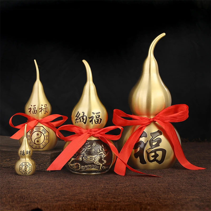 铜葫芦摆件纯黄铜开口葫芦家居办公室装饰工艺礼品高档中式金色