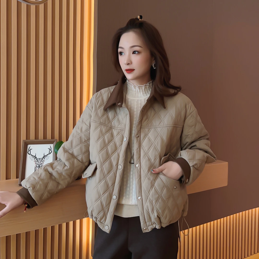 秋冬简约撞色翻领菱格棉服女时尚百搭气质减龄休闲外套D726