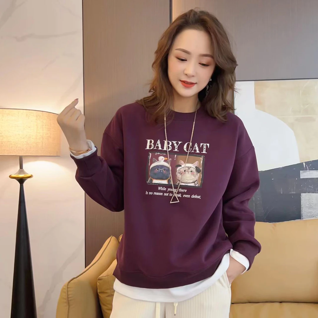 加绒加厚卡通猫咪印花长袖卫衣女秋季新款宽松显瘦套头卫衣D2362