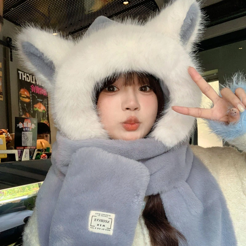 耳朵狐狸帽子围巾秋冬季一体可爱冬季保暖骑车毛绒护耳加厚围脖