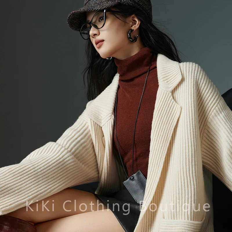 kiki自制 晨光熹微_绵羊毛翻领长款针织开衫毛衣女外套早秋新款
