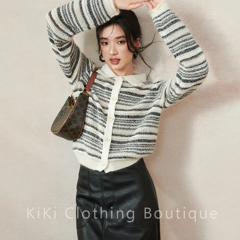 kiki自制 浮云驻影_黑白条纹羊毛针织衫上衣外搭开衫外搭女春秋季