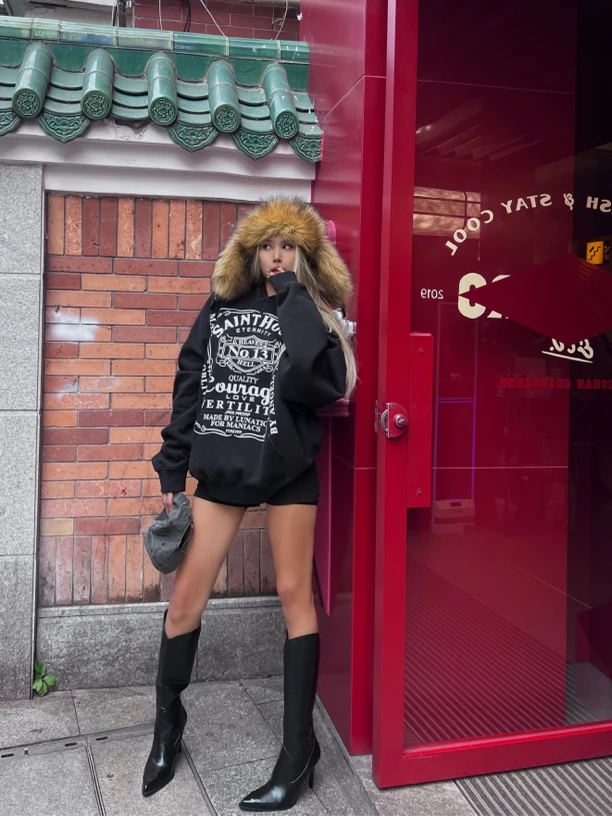 美式潮牌复古宽松涂鸦连帽卫衣秋冬款