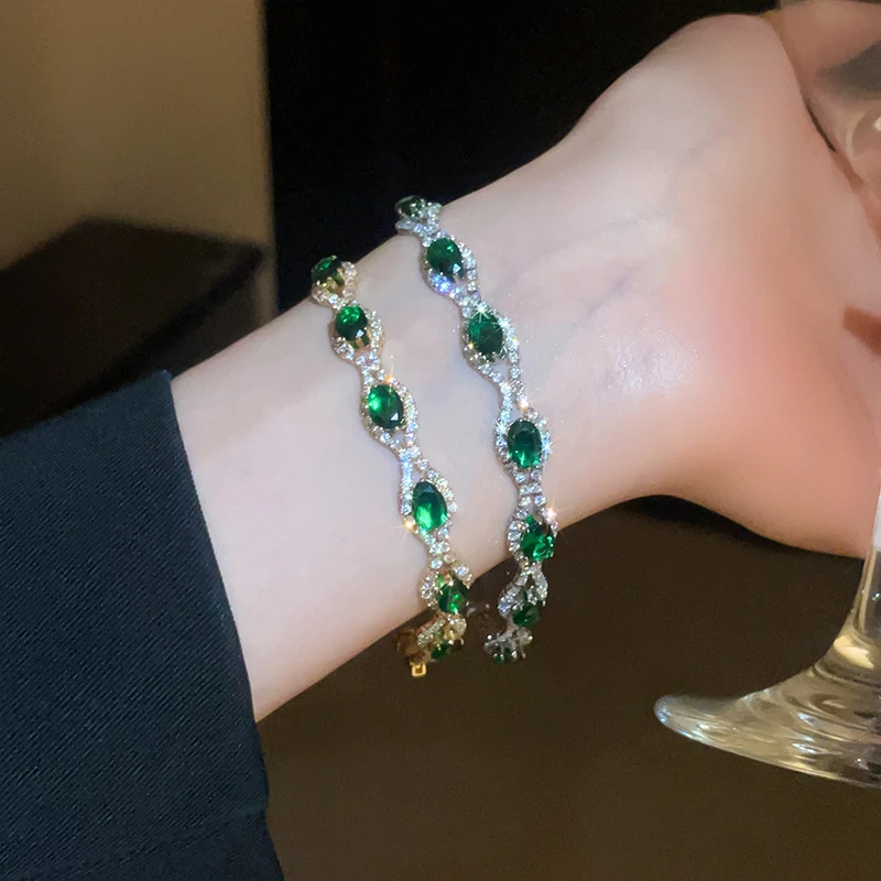 合金合成锆石手链 镶钻椭圆卡扣欧美简约宫廷风手环小众气质手饰