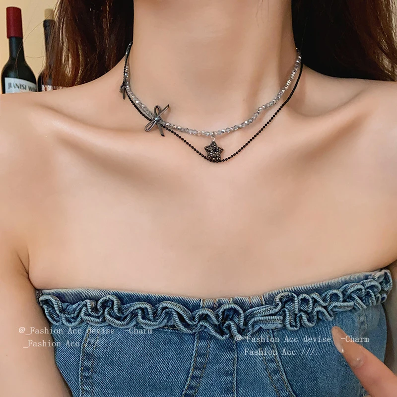 合金合成锆石项链 辣妹甜酷风蝴蝶双层项链设计感锁骨链个性项饰
