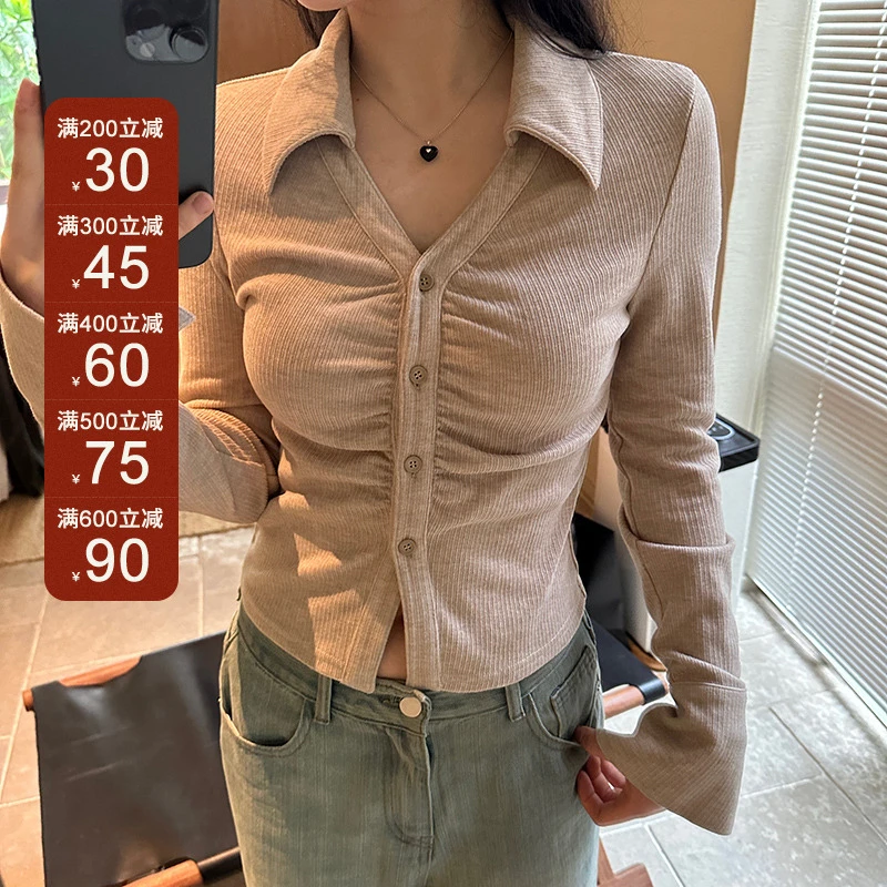 王少女的店【现现】杏色时尚翻领针织衫秋修身显瘦上衣 Z07057S33