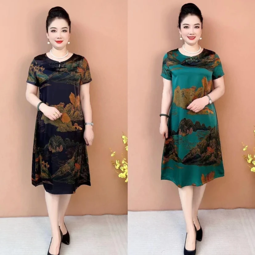 新中式宽松大码中长款国风连衣裙中老年妈妈装气显瘦遮肉裙子L11