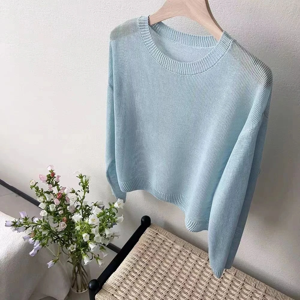 2024夏季韩系糖果色时尚百搭圆领镂空针织防晒衫女慵懒风宽松上衣