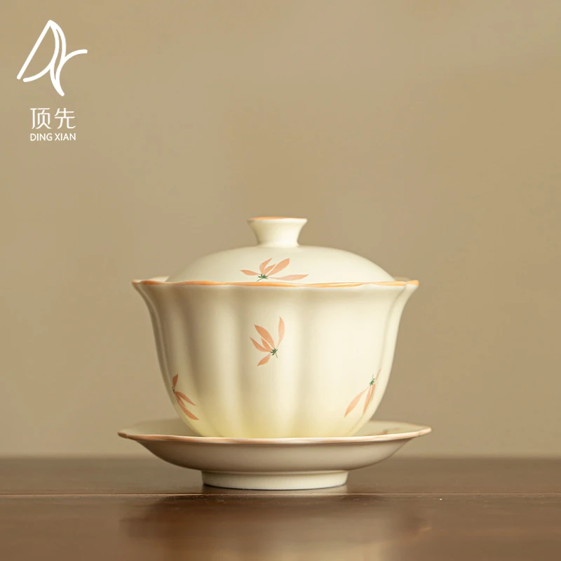 顶先 复古米黄釉花边盖碗小清新三才盖碗功夫茶具泡茶碗 A11330