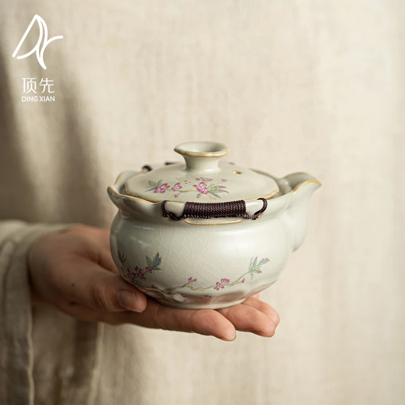 顶先 古汝黄汝窑粉花开片当代陶瓷手抓壶功夫茶具中式茶壶 A8655