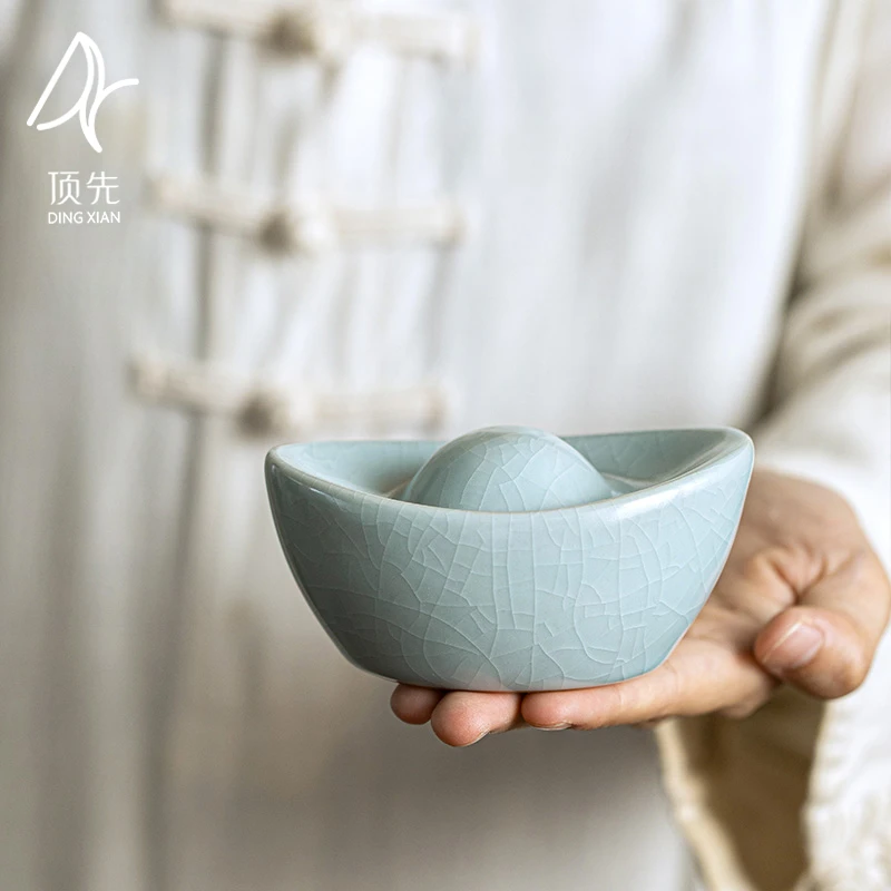 顶先 天青汝窑大元宝盖置茶道零配陶瓷创意摆件 A8530