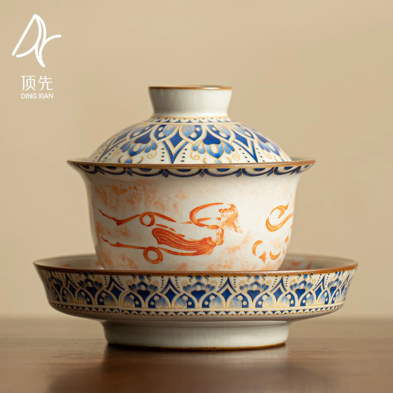 当代 顶先 汝窑开片飞天元宝盖碗复古三才泡茶碗功夫茶具 A9531