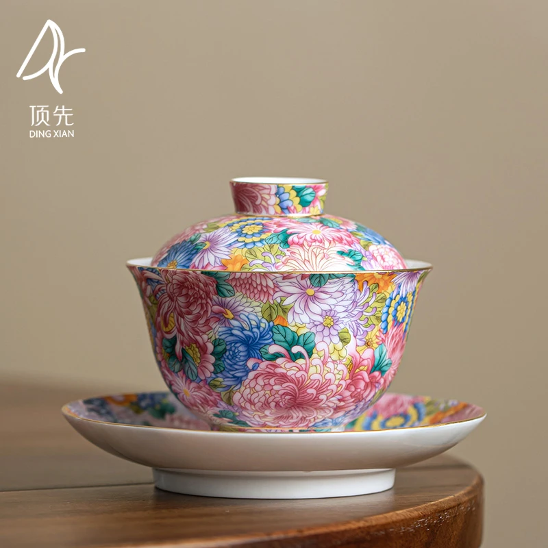 顶先 新万花珐琅彩万花不落地三才盖碗家用功夫茶具 A8492