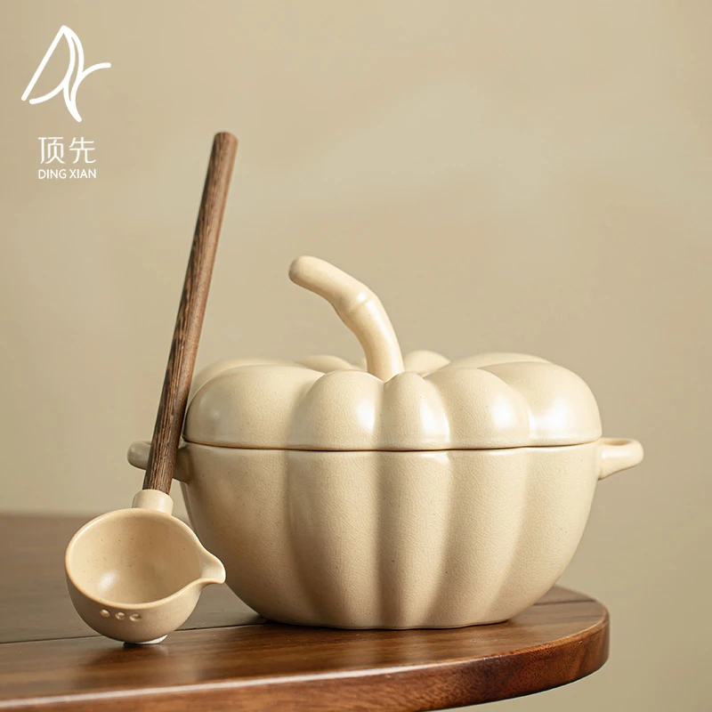 顶先 苏打釉南瓜煮茶碗带茶勺网红款原矿陶瓷带盖煮水家用 A9130