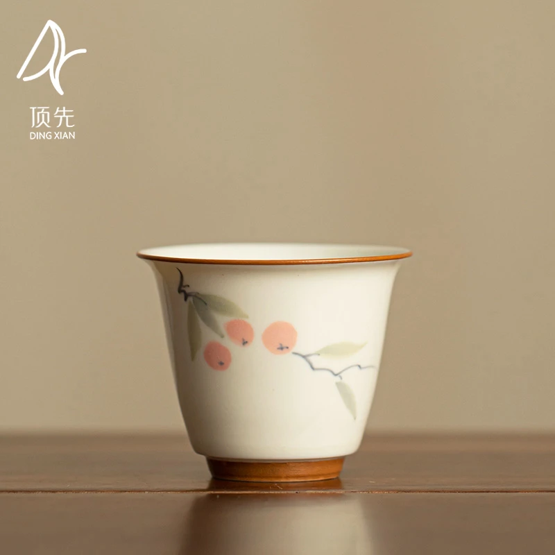 顶先 手绘柿柿如意妙韵品茗杯草木灰陶瓷茶杯 A10567