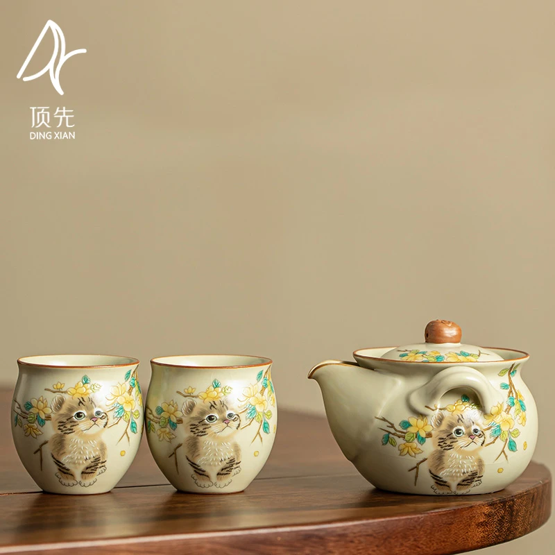 顶先 御黄汝窑复古黄花猫陶瓷手抓壶开片家用功夫茶具泡茶壶A8991