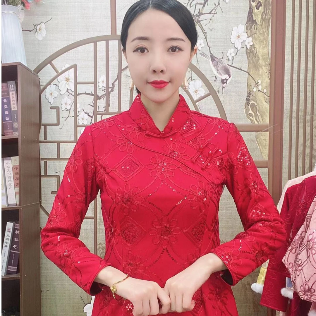 如意冬款长袖-2023年加绒加厚新款盘花亮片A版显瘦有口袋旗袍百搭