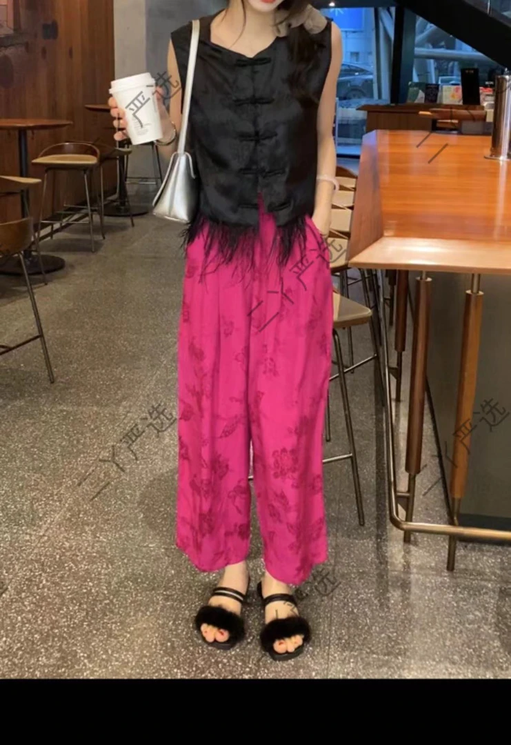 工厂店～国风提花直筒裤女春夏新款高腰新中式设计垂感休闲裤女