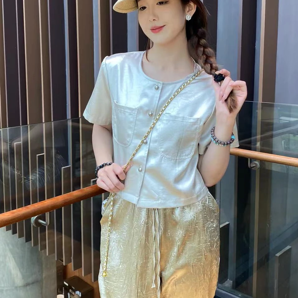 工厂店～法式亮色小香风垫肩短款夏季新款轻薄垫肩上衣薄