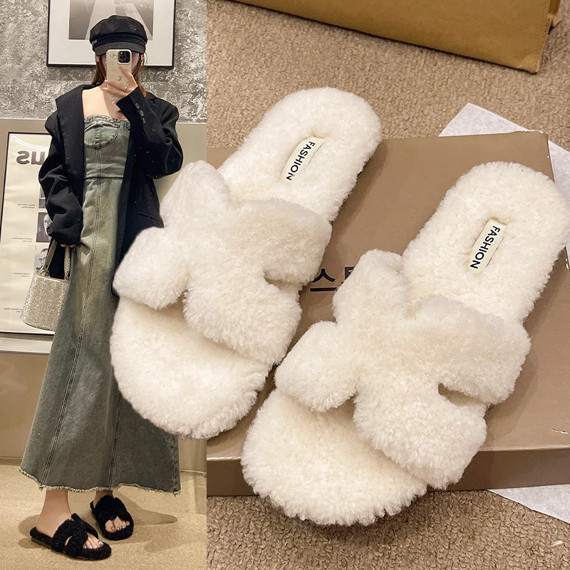 爱马毛毛拖鞋秋季女外穿皮毛一体平底百搭休闲网红设计感舒适拖鞋