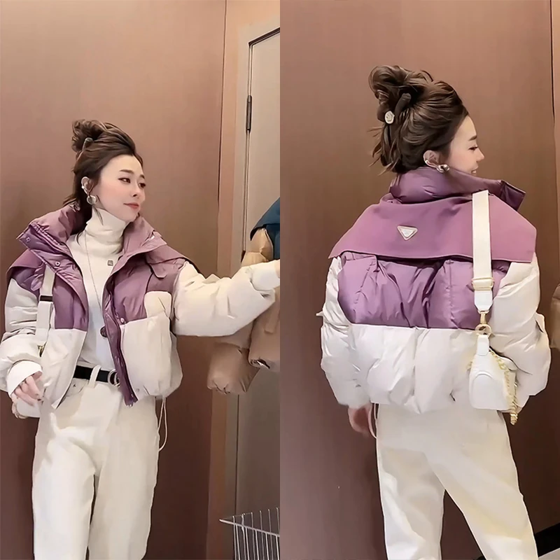 韩系小个子加绒休闲裤加厚面包服百搭立领撞色拼接棉服两件套女