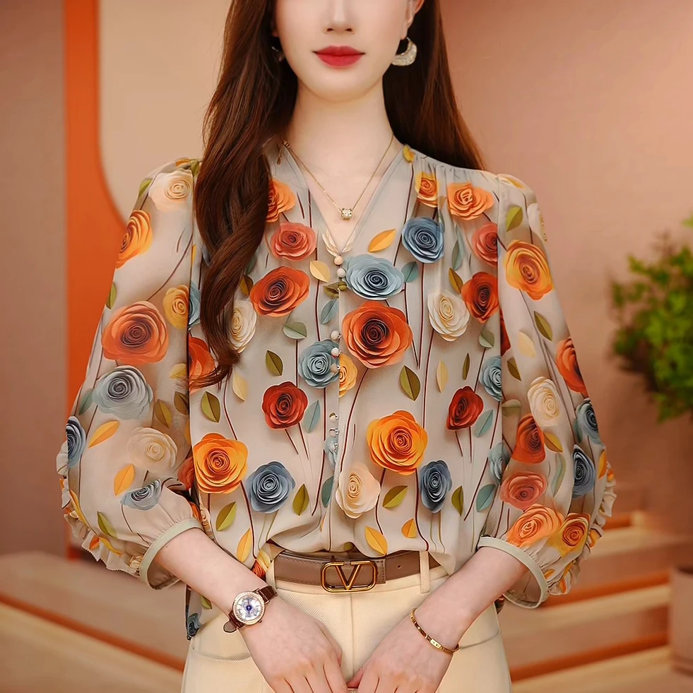 [风穗] 2024新款上新南油时尚V领百搭女上衣遮肉显瘦衬衫宽松印花