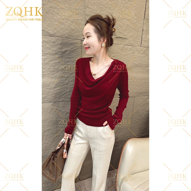 【ZQHK】子琪品牌2024年新款气质女人味玉珠交叉领打底衫