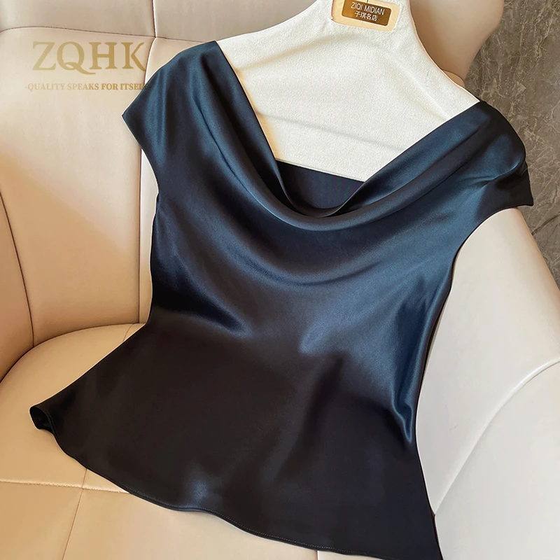 【ZQHK】子琪品牌夏款法式荡领高级女人味时尚醋酸T恤设计感上衣