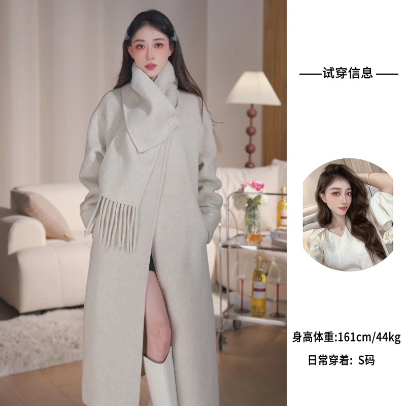 【普罗旺斯】秋冬季新款高定围巾款长款双面羊毛呢大衣气质外套女装