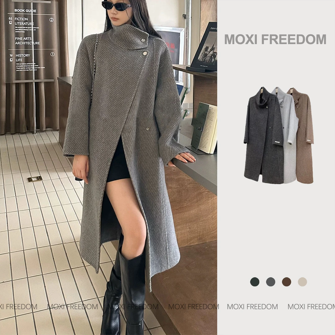 【微醺线条】秋冬款宽松立领斜纹中长款双面羊毛呢外套大衣女装