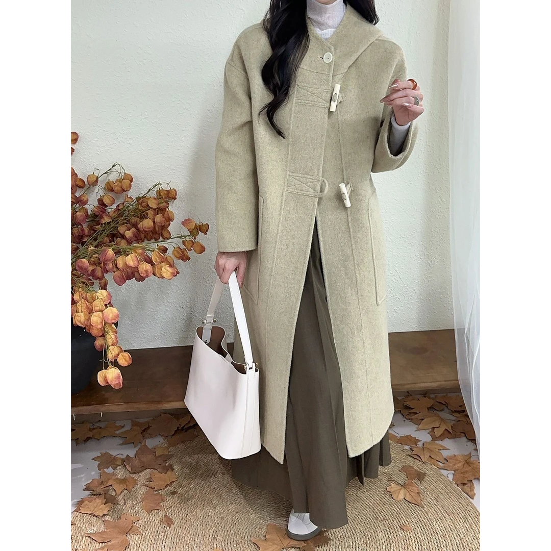 【山茶慕斯】秋冬款韩版连帽牛角扣宽松中长款双面毛呢大衣女装外套