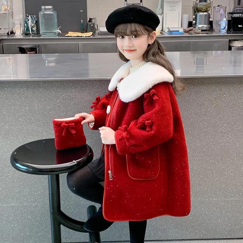 新款秋冬款儿童中长款加绒加厚毛呢风衣女孩红色大衣百搭