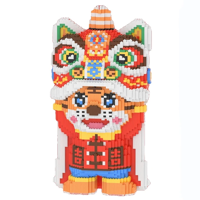XSLC国潮醒狮虎颗粒积木儿童益智解压拼插玩具