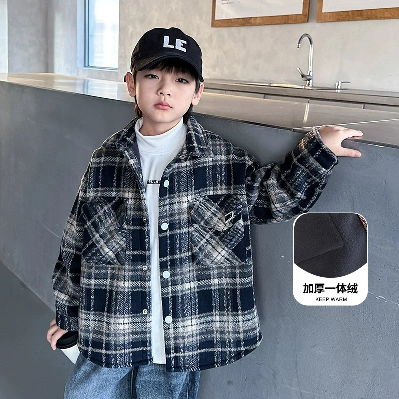 546青少年男孩长袖休闲格子ins保暖韩版秋冬冬季童洋气加厚中大童