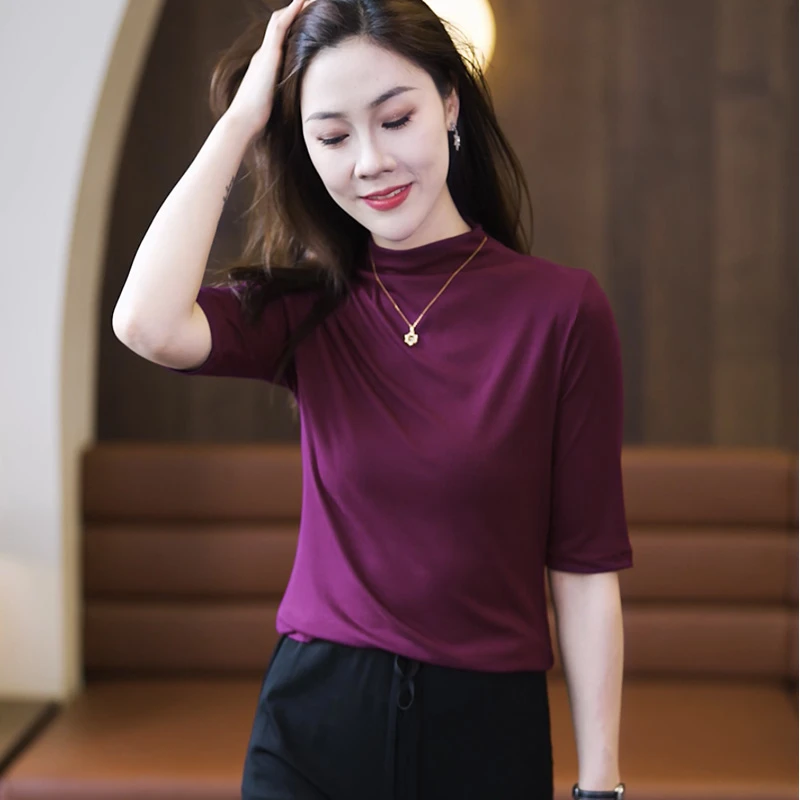 半高领打底衫女春秋内搭修身T恤洋气2024新款五分袖春夏大码显瘦