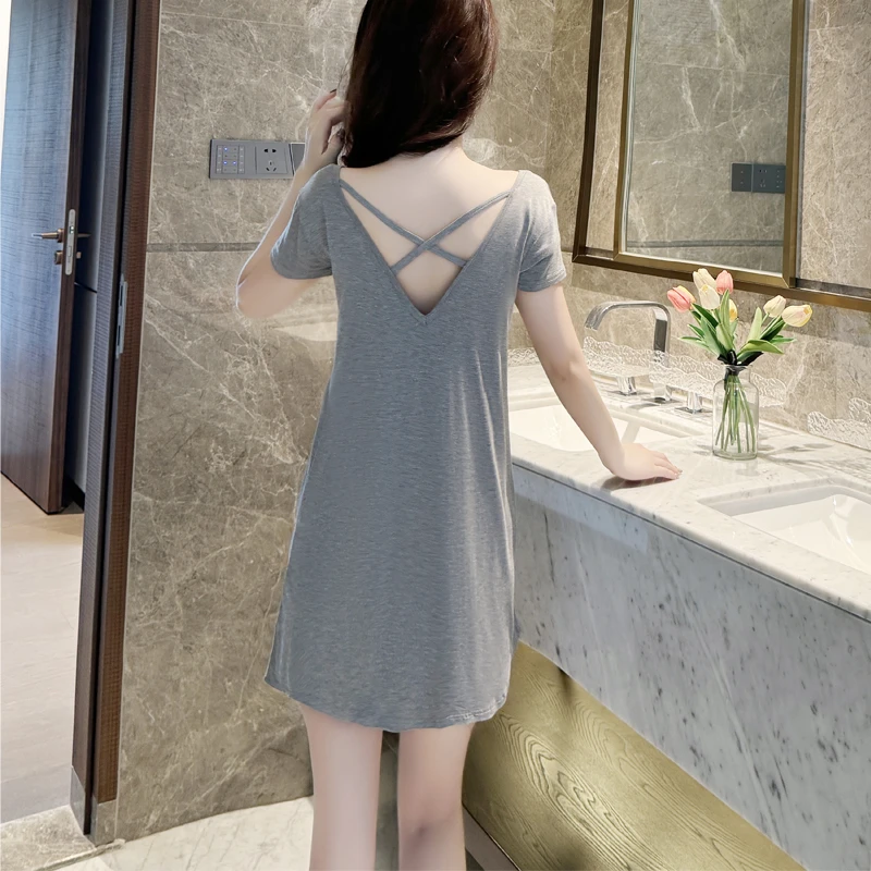 夏季短袖睡裙女薄款宽松显瘦睡衣中长款黑色连衣裙休闲露背家居服