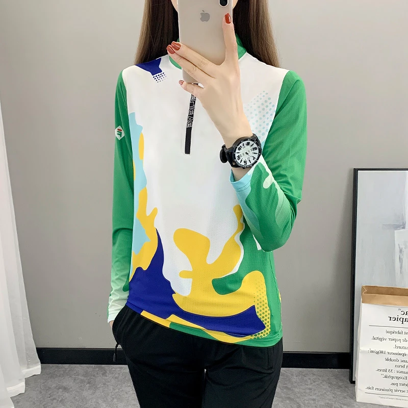【月月】户外速干长袖T恤女秋季印花立领透气排汗快干衣运动上衣