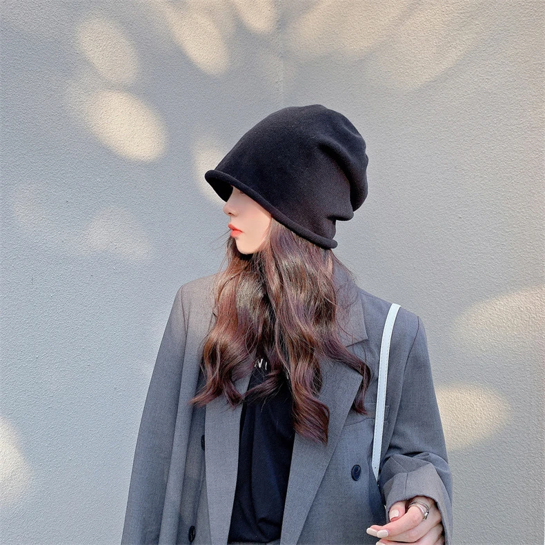 【蒲儿专享】慵懒风堆堆帽女春秋韩版百搭针织帽子大头围纯色卷边帽