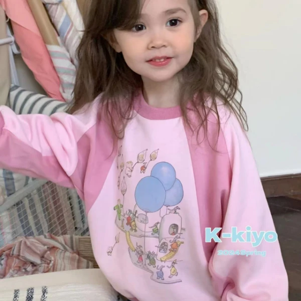 2024年春季女童洋气粉色圆领可爱拼色长袖童趣印花卫衣