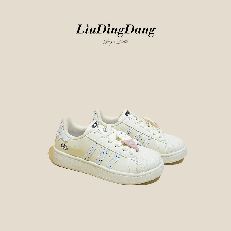 【刘叮咚女鞋】小众贝壳头滑板鞋女2024春秋奶油色百搭小白鞋ins潮