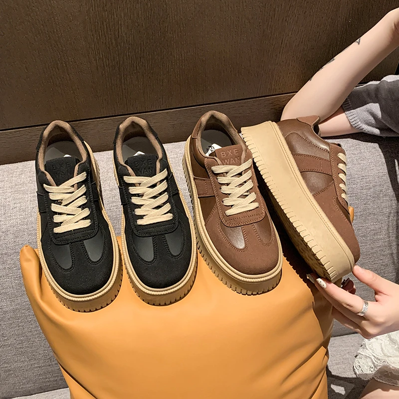 小个子内增高德训鞋女2024爆款棕色显瘦厚底鞋松糕休闲运动板鞋子