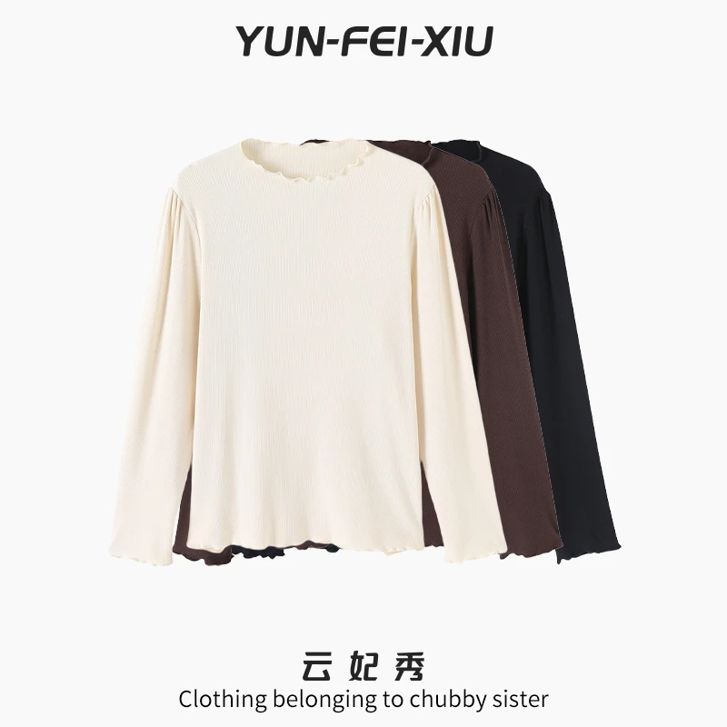 云妃秀大码女装T恤时尚休闲微胖宽松显瘦木耳边圆领长袖秋季68153